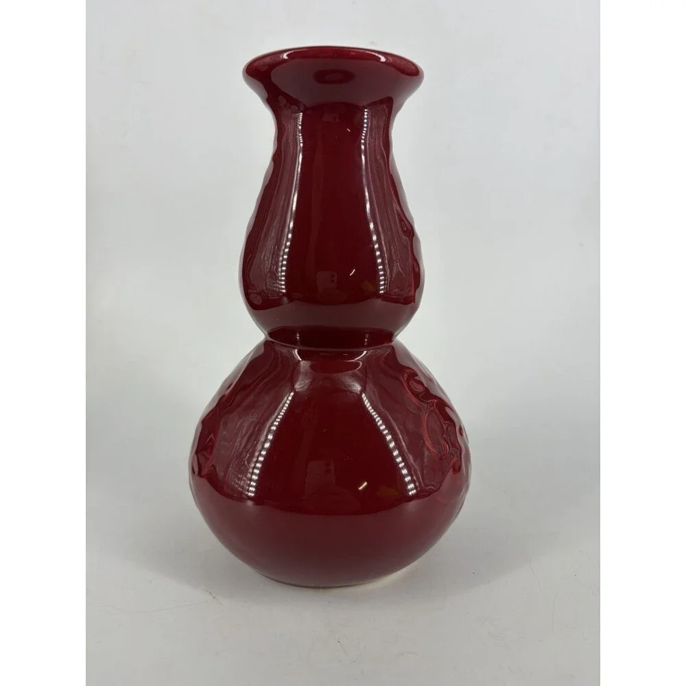 VTG Treasure Craft Ceramic Vase Red Maroon Glaze Floral Hibiscus
